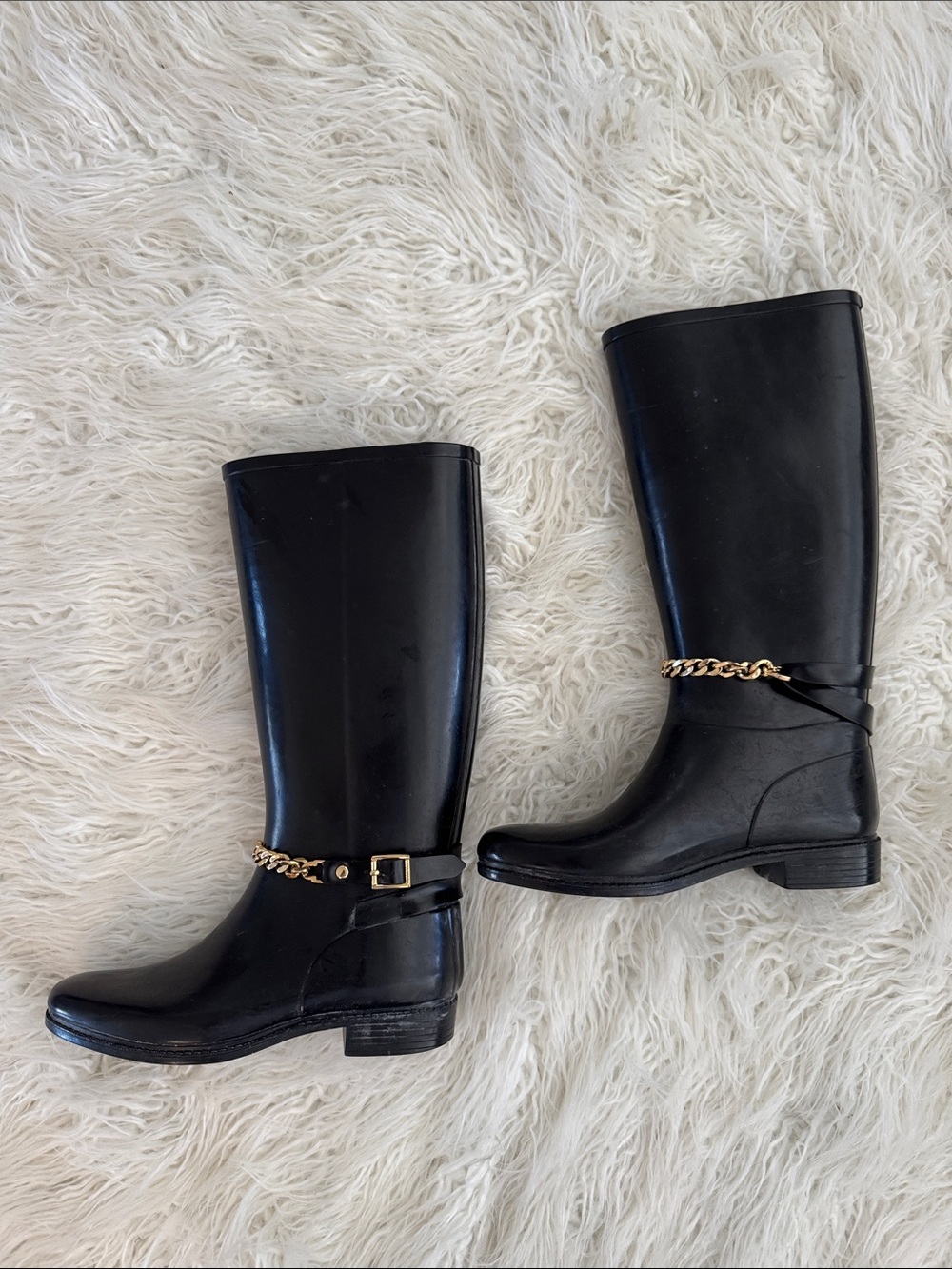 Burberry Black Knee-High Rain Boots with Gold Chain Detail